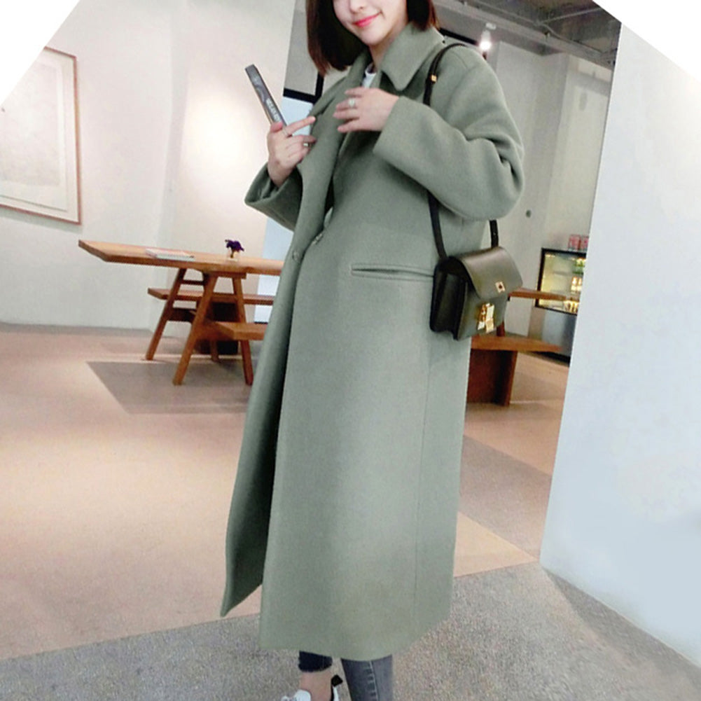 Slim Mid-Length Thick Woolen Trench Coat for Women