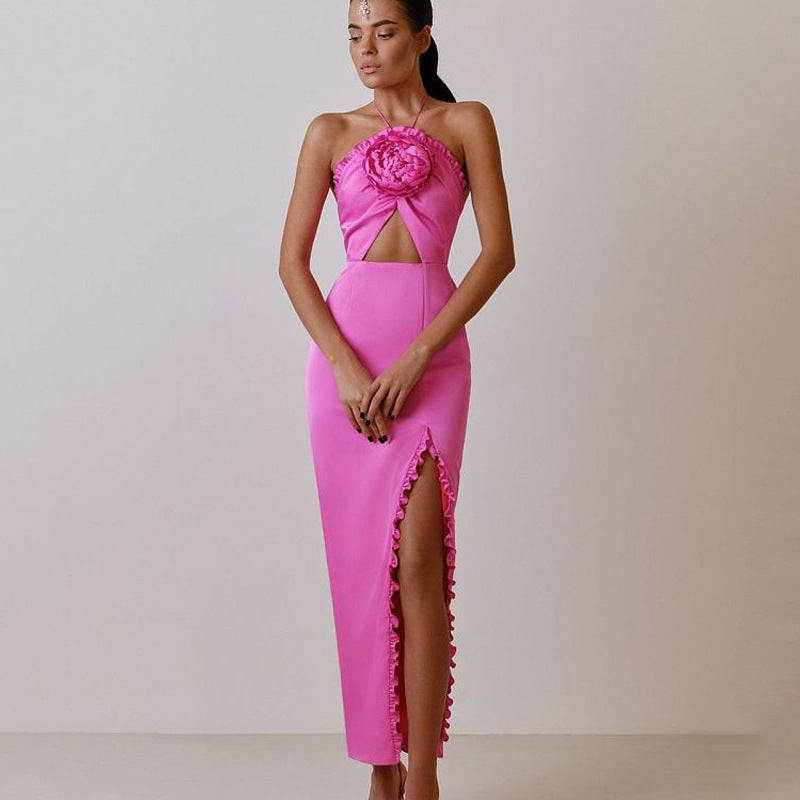 Backless Lace-Up Split Dress with Flower Ornament