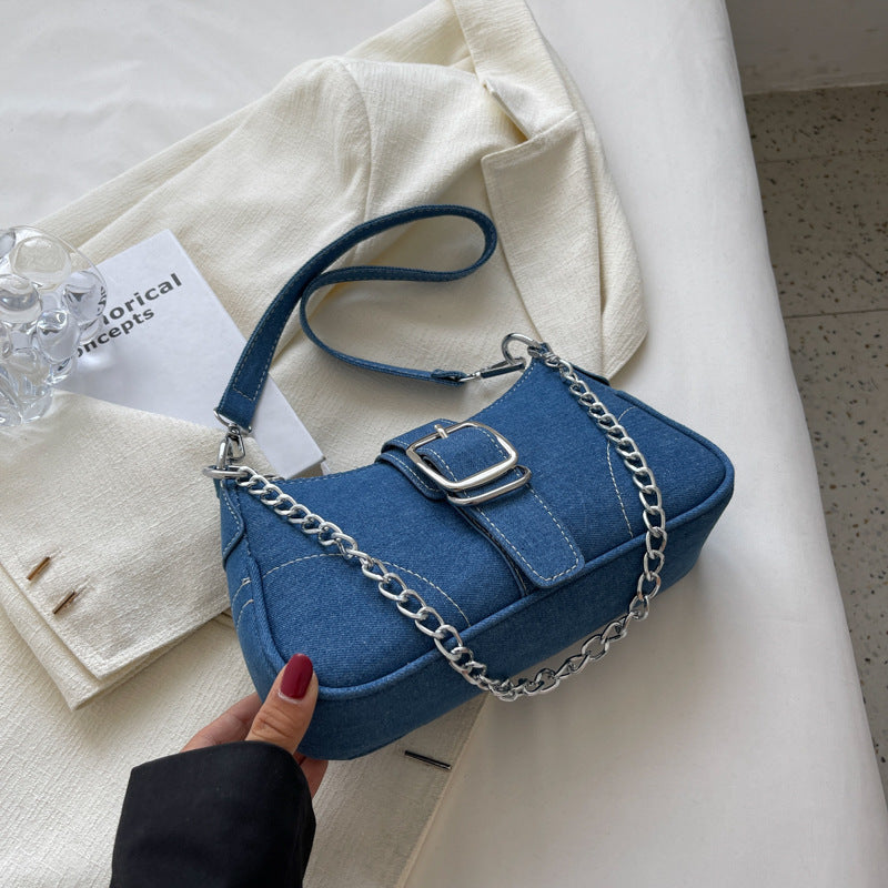 Denim Shoulder Bag with Chains, Women's Crossbody Bag