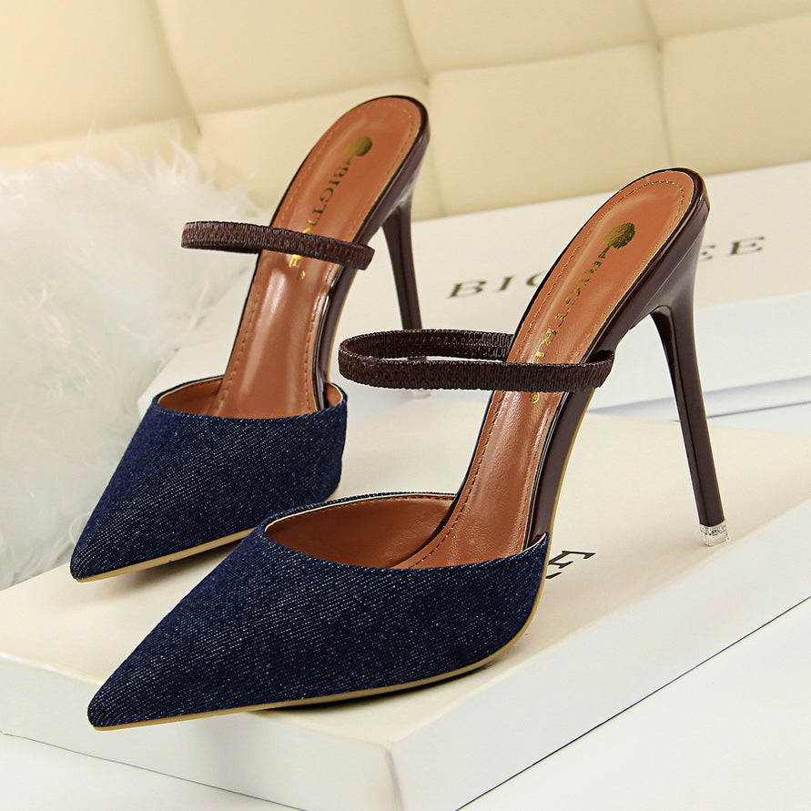 Denim Slide Sandals with High Heel for Women