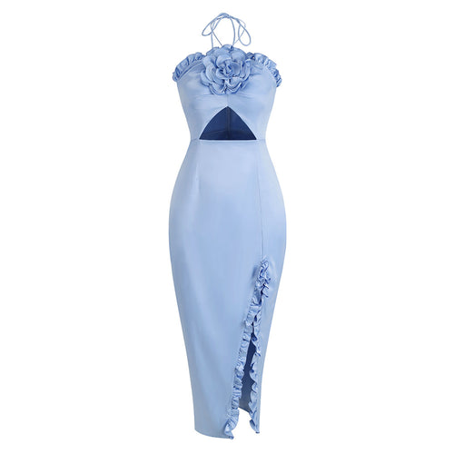 Backless Lace-Up Split Dress with Flower Ornament