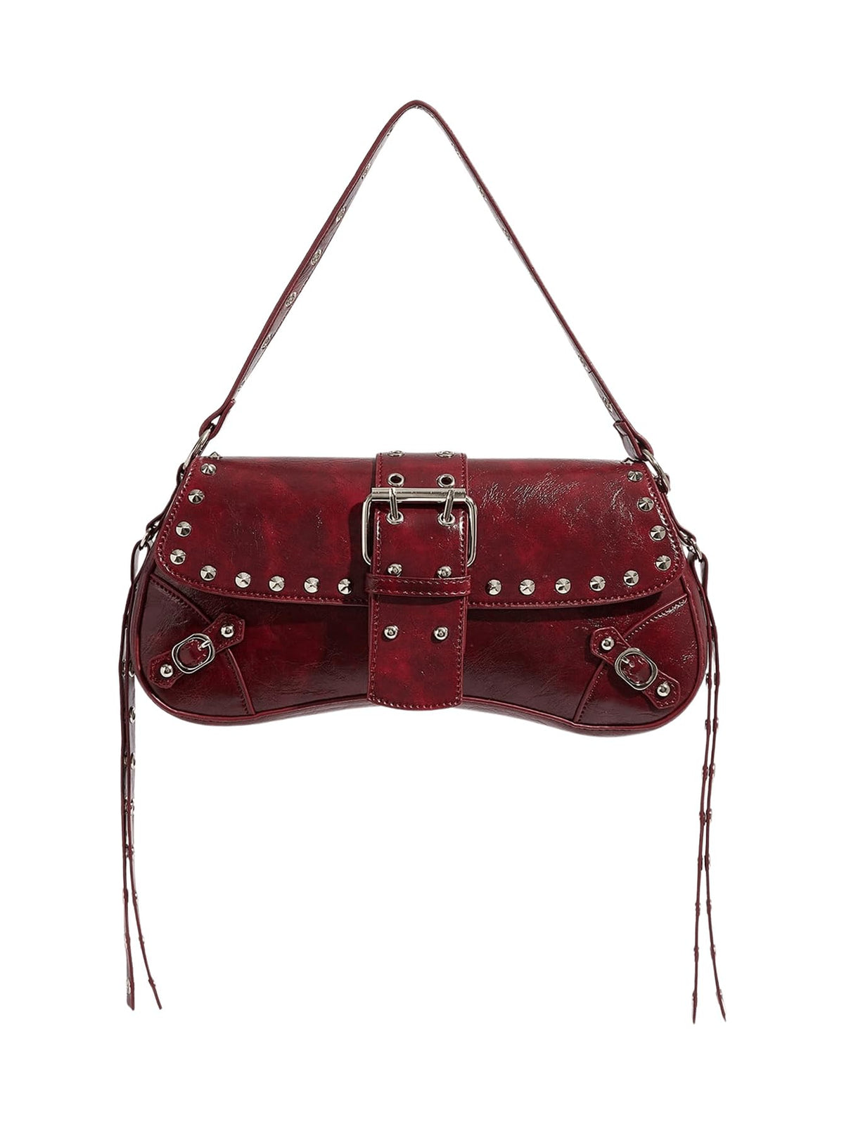 Verdusa Womens Shoulder Bag Y2K Handbag Rivet Punk Hobo Purse with Buckle Burgundy One-Size