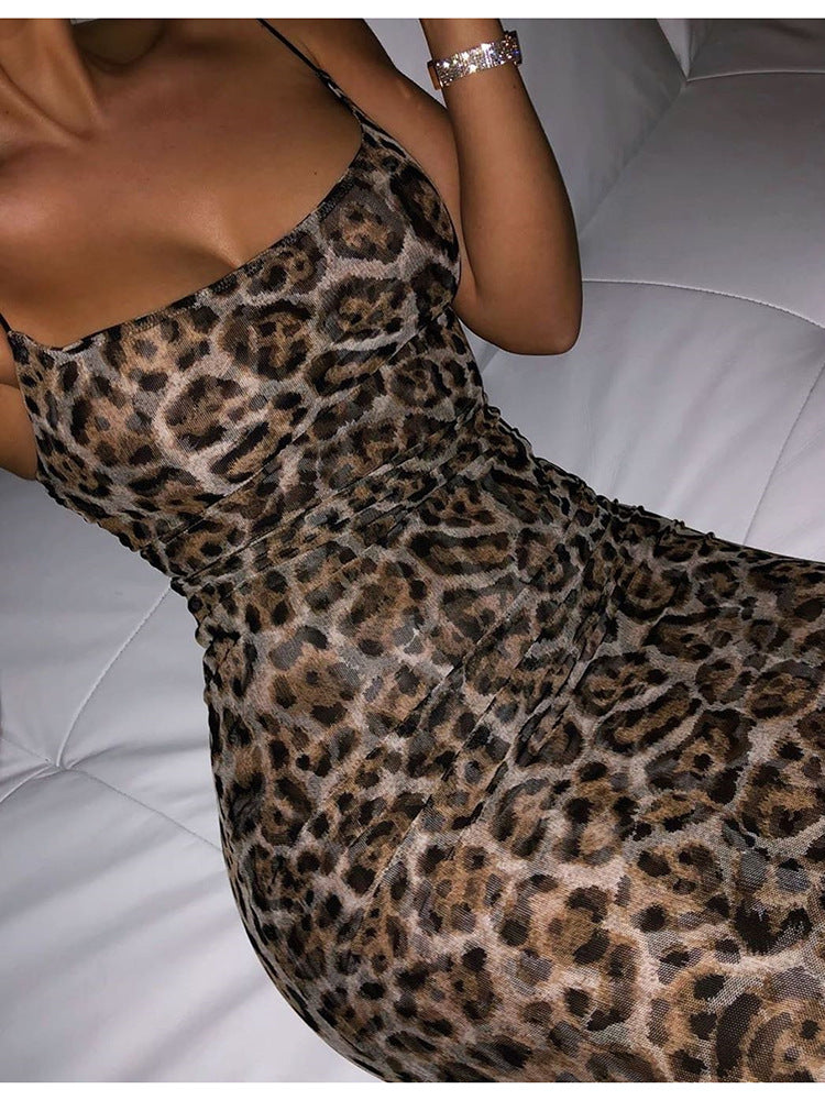 2019 Women's Leopard Print Maxi Dress with Spaghetti Straps