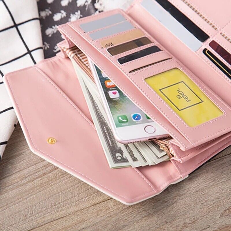 Women's Leather Envelope Clutch Wallet, Long Card Holder
