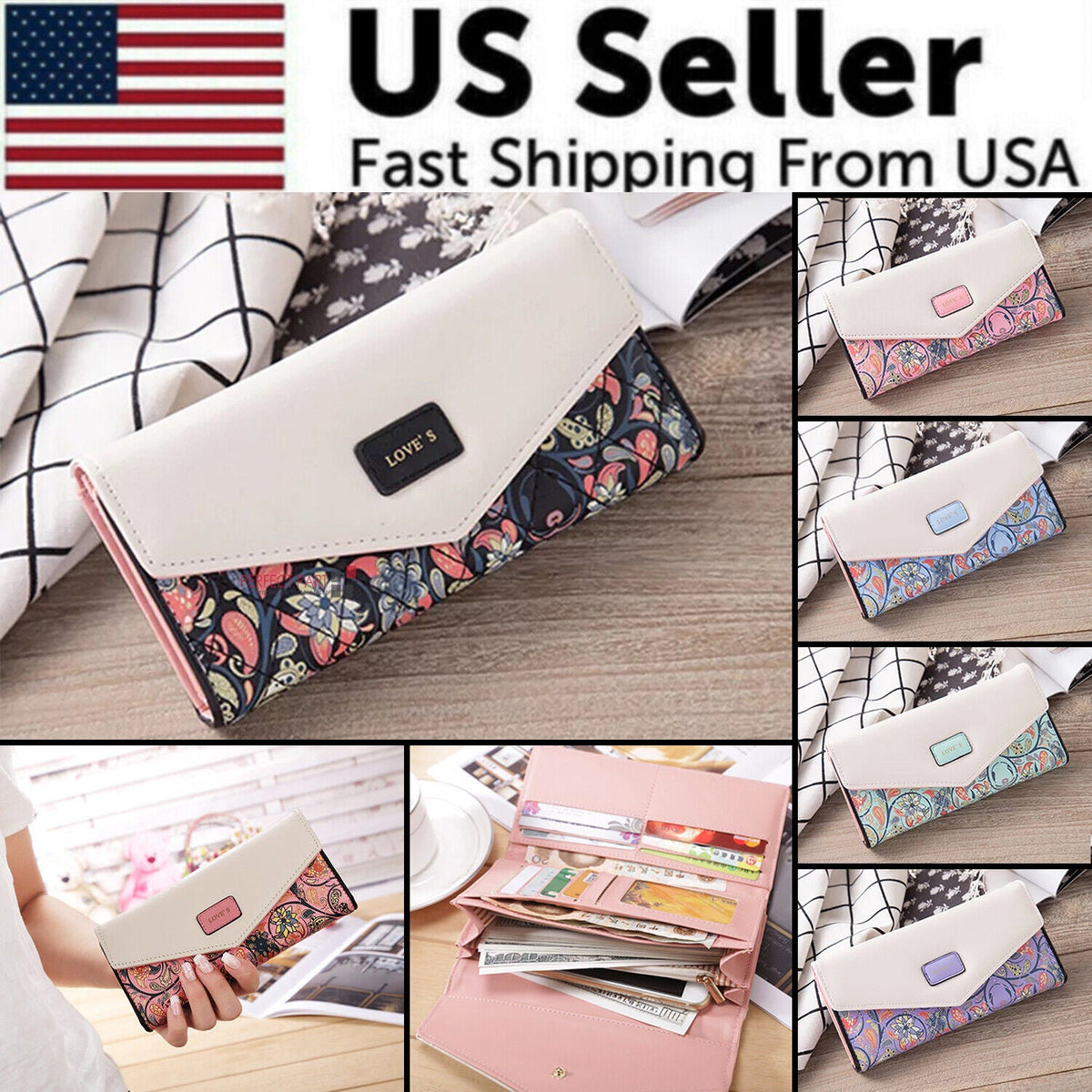 Women's Leather Envelope Clutch Wallet, Long Card Holder