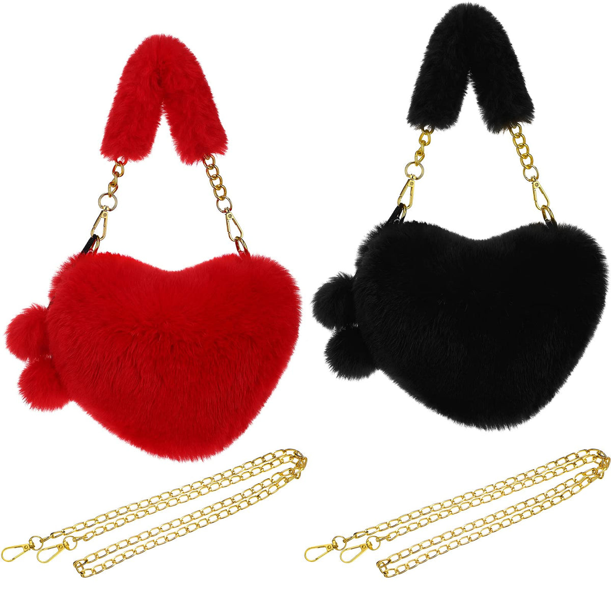 Valentines Day Purse for Women, 2Pc Heart Shaped Purse, Soft Fluffy Faux Fur Handbag