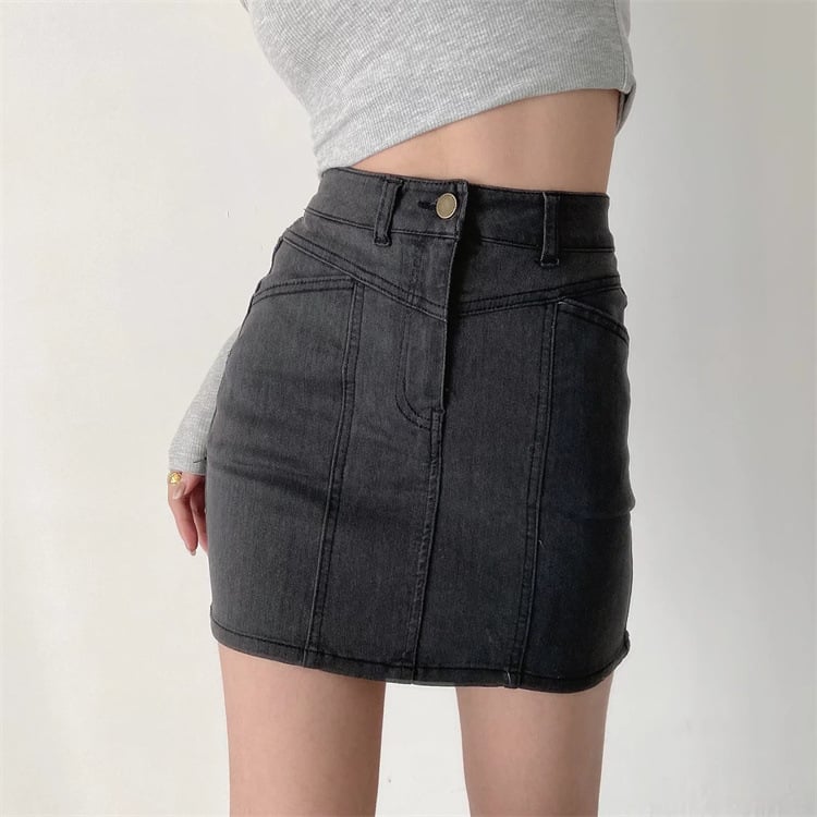 High Waist Slimming Denim Skirt with Stitching Design