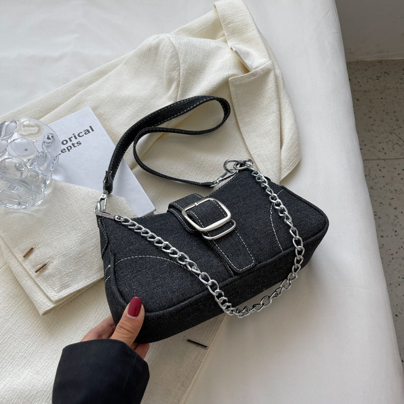 Denim Shoulder Bag with Chains, Women's Crossbody Bag