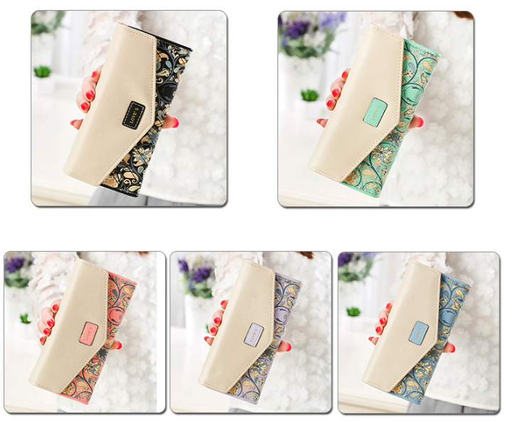Women's Leather Envelope Clutch Wallet, Long Card Holder