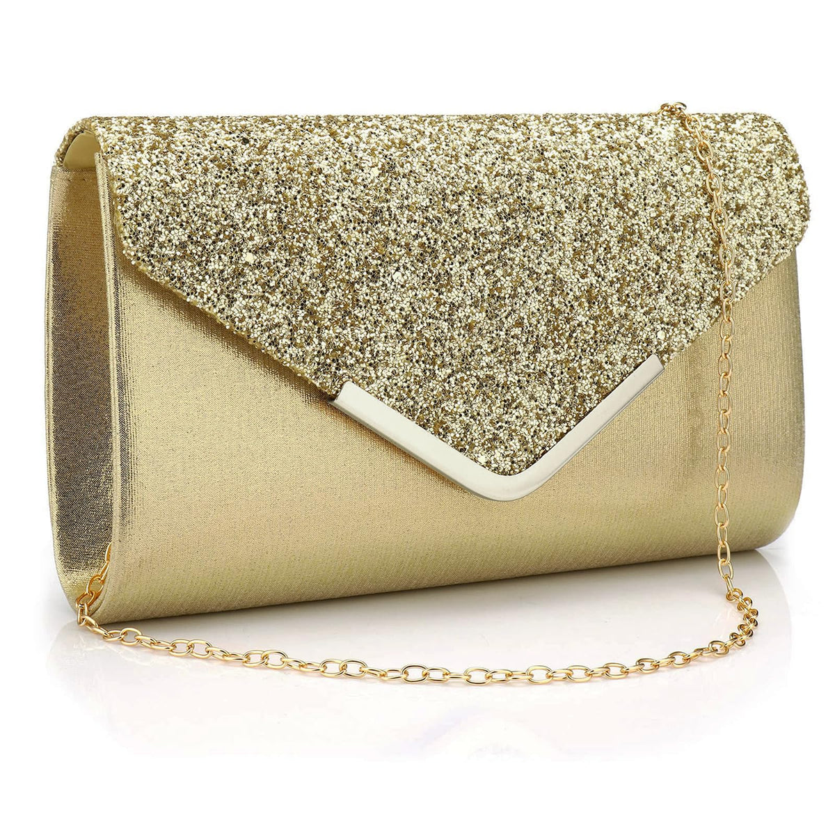 Gold Clutch Purse for Women, Evening Bag with Detachable Chain, Envelope Clutch For Wedding