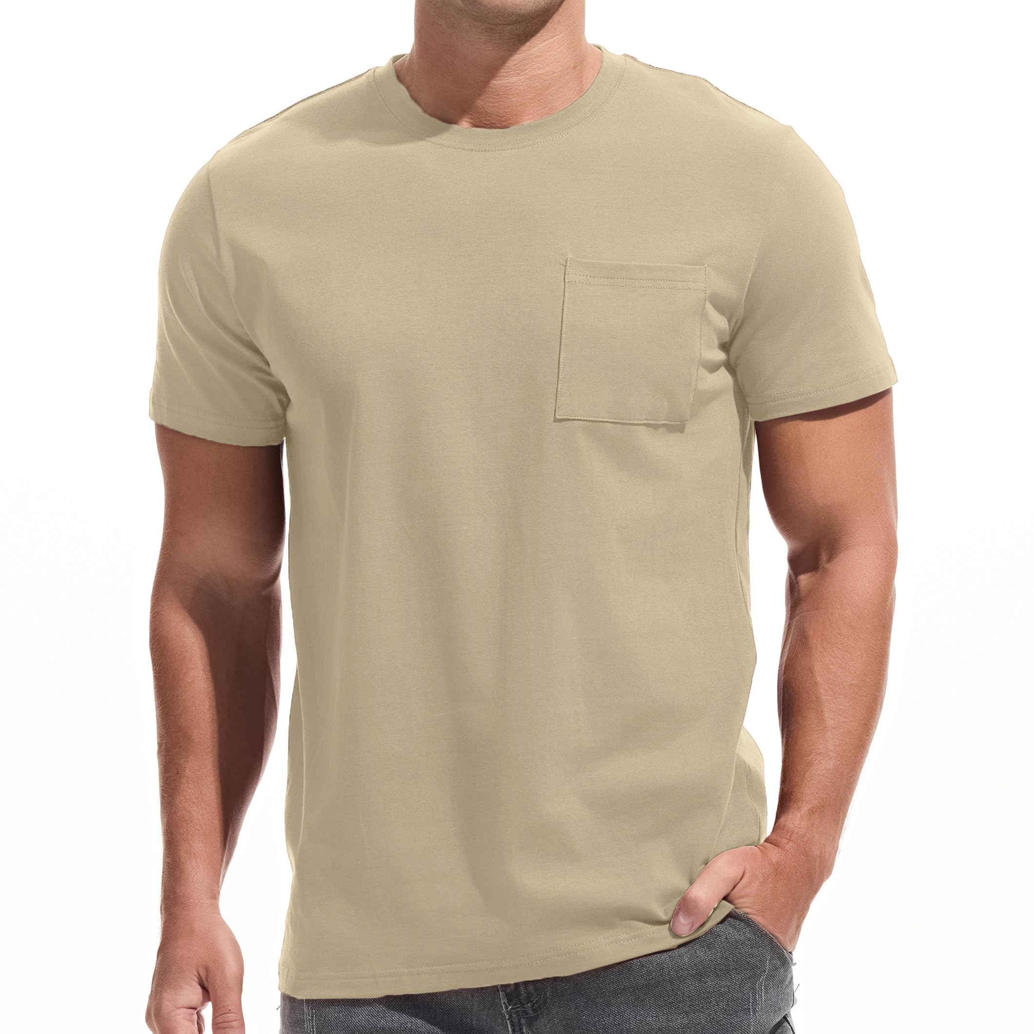 VEIISAR Mens Pocket T-Shirt - Mens Cotton Elastic Tees Soft Fitted Classic Tshirts Dark Beige M