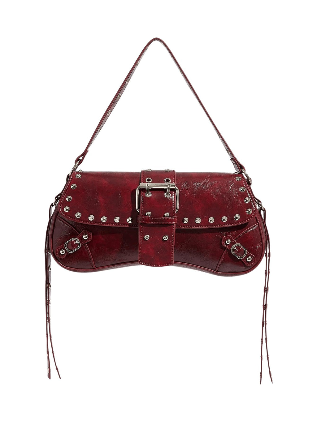 Verdusa Womens Shoulder Bag Y2K Handbag Rivet Punk Hobo Purse with Buckle Burgundy One-Size