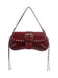 Verdusa Womens Shoulder Bag Y2K Handbag Rivet Punk Hobo Purse with Buckle Burgundy One-Size