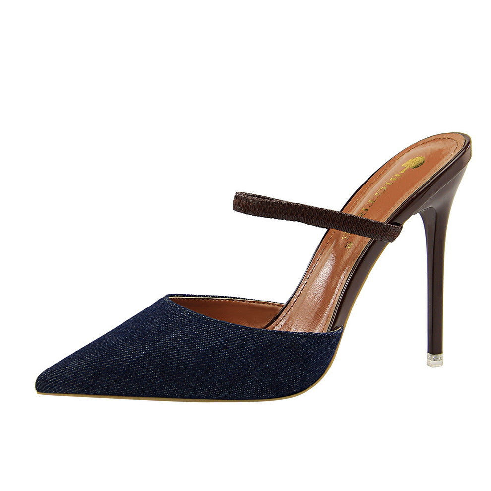 Denim Slide Sandals with High Heel for Women
