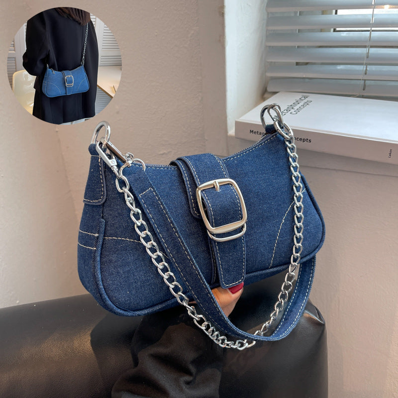Denim Shoulder Bag with Chains, Women's Crossbody Bag