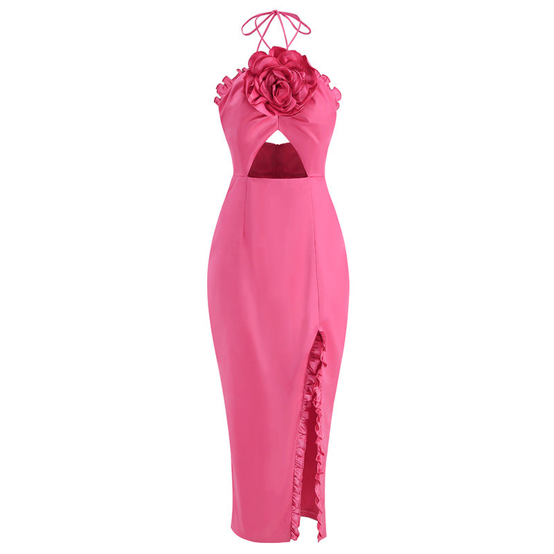 Backless Lace-Up Split Dress with Flower Ornament