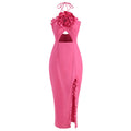 Backless Lace-Up Split Dress with Flower Ornament